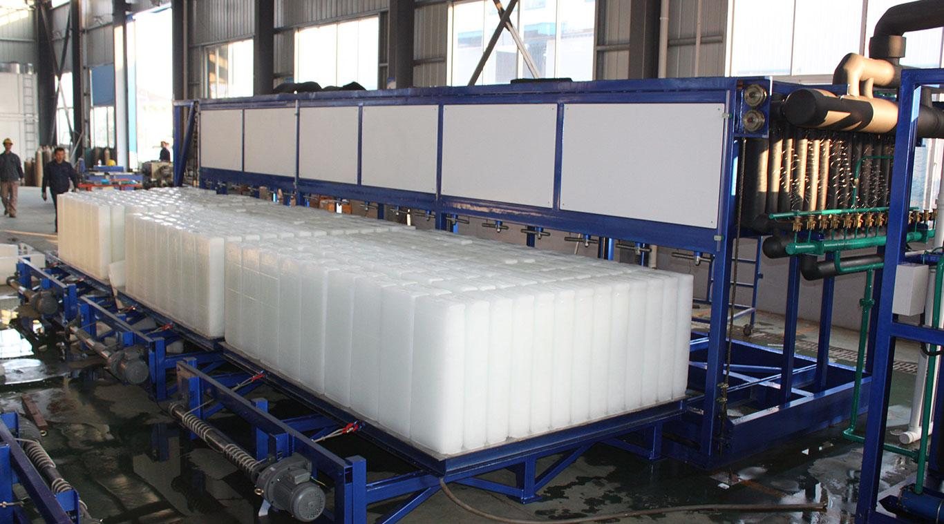 Block ice plant producing rows of ice blocks